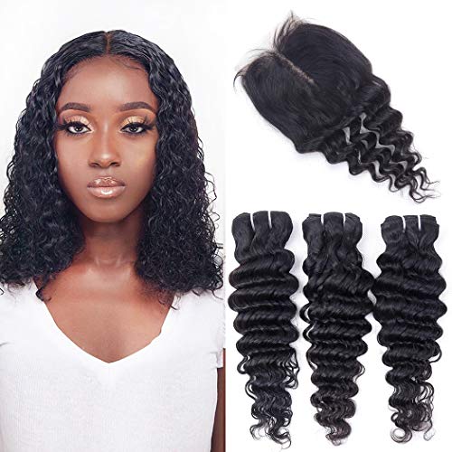Brazilian Deep Wave Bundles with T Part Closure 4x1inch Hand-Tied Lace Closure Middle Part Deep Curly Human Hair 3 Bundles with Closure Wet and Wavy Bundles with Closure (12 14 16+10) 70g/bundle