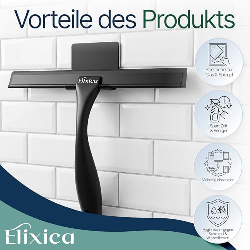Premium Duschabzieher Edelstahl 25 cm – Duschabzieher Schwarz Silikon mit Halterung, Shower Squeegee, Abzieher Dusche & Fensterabzieher, Wasserabzieher für Duschkabine, Glas, Fliesen & Spiegel
