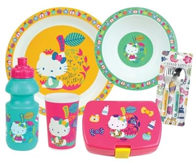 Fun House - Juego de vajilla de Hello Kitty para niños de 3 años | Plato de 22 cm, plato hondo, diámetro de 16 cm, cristal, 220 ml, botella de 350 ml, caja de degustar cubiertos H13,5 cm, licencia | Ya disponible en tu tienda friki favorita! En mundofriki.es!