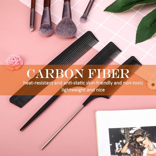 Image of 3 Pieces Tail Combs Set Carbon Styling Comb Fiber Rat Tail Comb Anti Static Heat Resistant Barber Hairdressing Comb Steel Pintail Comb Cutting Fine Tooth Comb Teasing Hair Comb for Women Men, Black