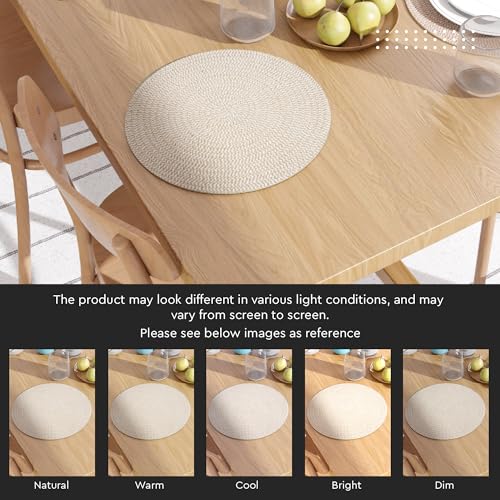 Image of Dining Table Mats Set of 2 | Cotton Table Mat 32 cm Diameter, Encasa XO Washable Round Table Mats, Heat Resistance Dining Table Placemats, Handmade Ribbed Style for Centre Table, Beige & Off White Mix