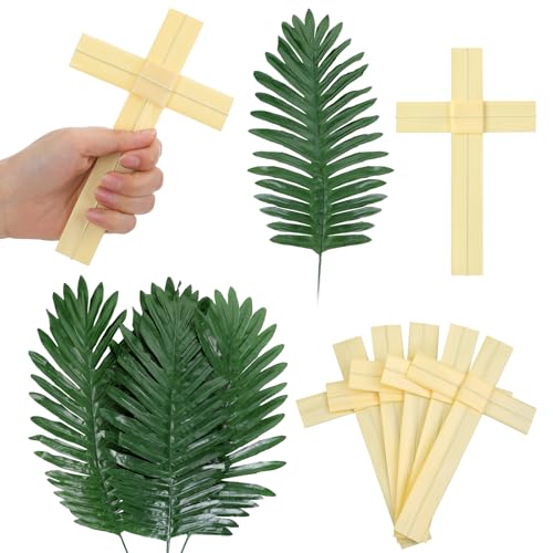 Zeyune 24 Pcs Plam Branches Crosses for Palm Sunday Set Lent Decoration Christian Religious 7'' Cross 18'' Artificial Leaves Gift Lent Decor for Home Church Palm Sunday Holy Week Easter Event Decor