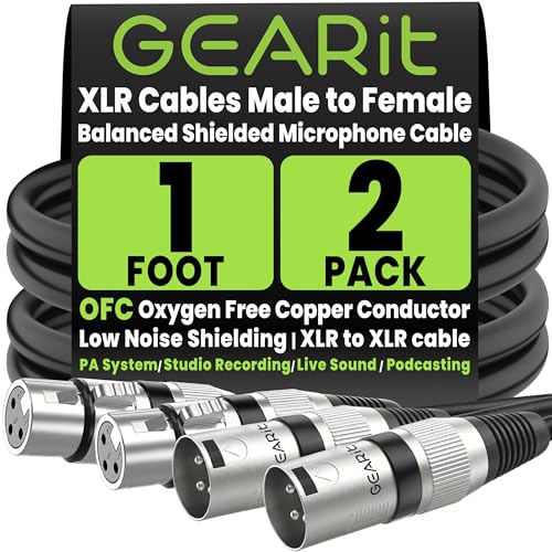 Image of GearIT XLR Microphone Cable (1.5 Feet, 2 Pack) - Male to Female 3-Pin Balanced Shielded Mic Cable for Mixer, Recording Studio, Podcast - Black