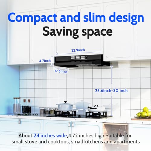 image for FIREGAS Black Range Hood 24 inch, 300CFM Ducted/Ductless Convertible U