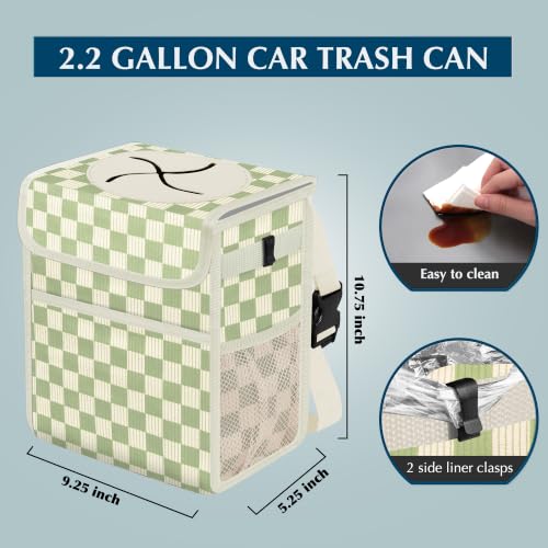 Image of Femuar Leak Proof Car Trash Can with Lid, Collapsible Hanging Waterproof Car Trash Bag with Mesh Pocket for SUV Front Seat Headrest, Beige Light Green Plaid
