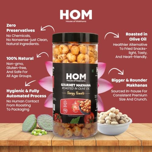 Image of H O M House Of Makhana 130g Tangy Tomato And Peri Peri Gourmet Makhana Jar Roasted in Olive Oil, Flavored Makhana Pack of 2 (65gX2)
