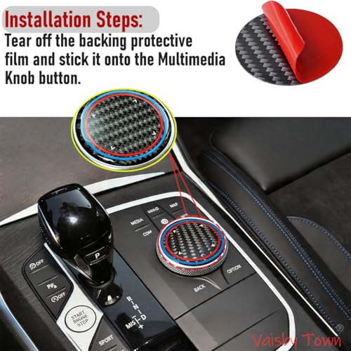 Image of Center Console Multimedia Knob Button Cover compatible with BMW Interior | 1.93 inches for X3 X4 iX3 X5 X6 2 3 4 Series Z4,High Clarity Resin with Real Carbon Fiber Texture, Sporty Ring Design