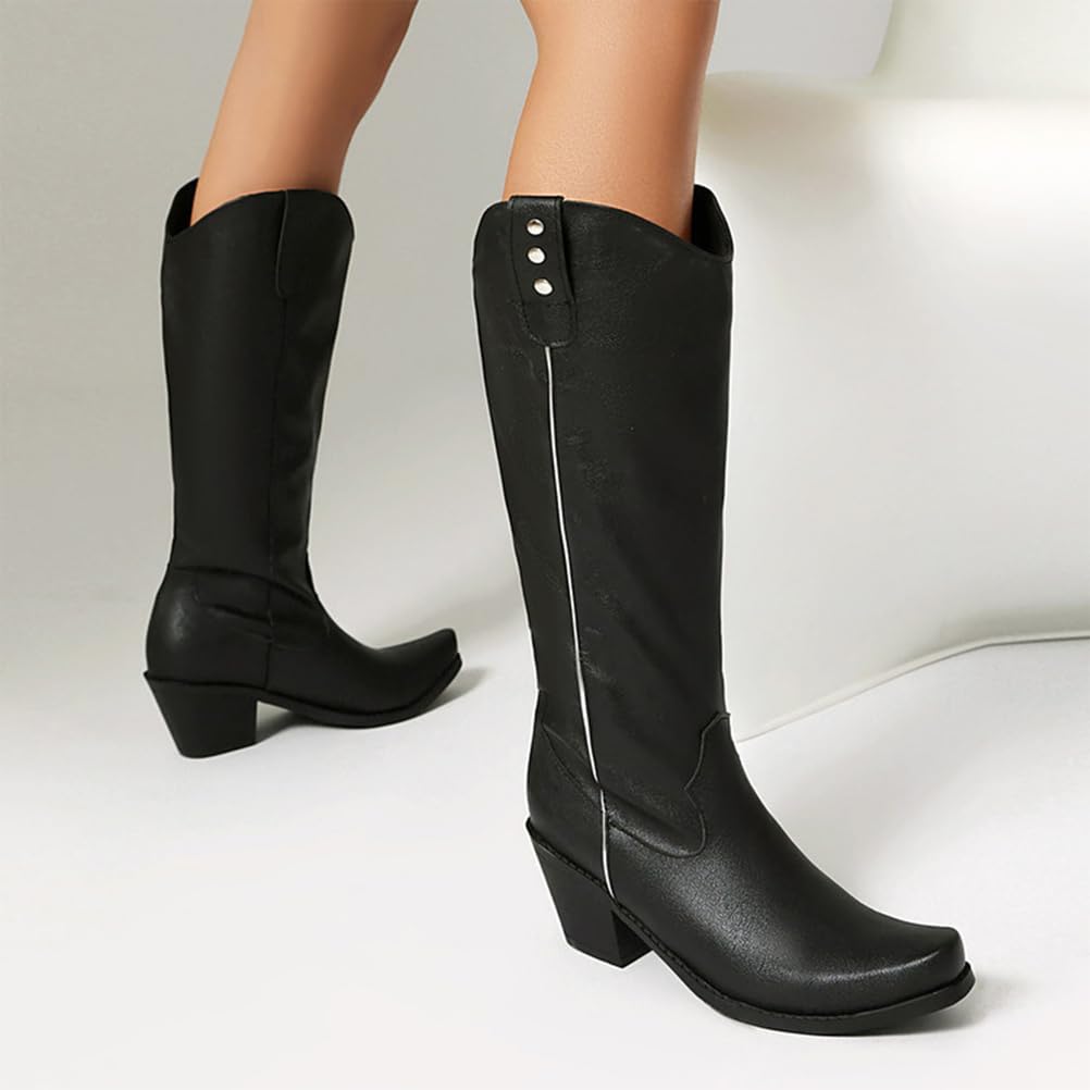 Botas Vaqueras Mujer Cuero Sintético Media Pantorrilla Tachuelas Decorativas Tacón Grueso Estilo Clásico Montar Moda Calle Viaje Diario