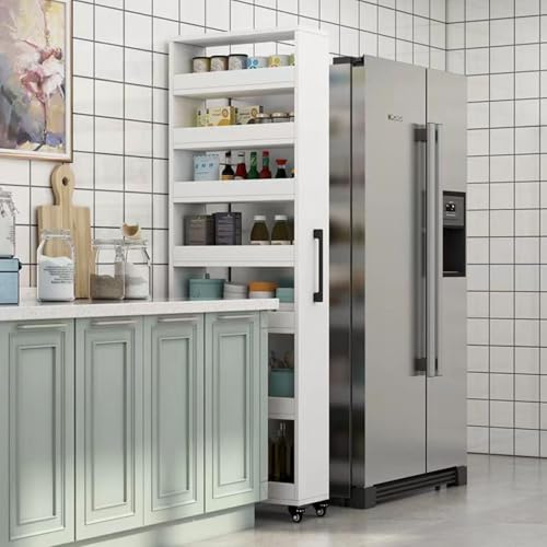 Carrito delgado con ruedas de 7 niveles, estante de almacenamiento de cocina, armario estrecho independiente con ruedas y asa, estante de especias de madera versátil para espacios pequeños, baño y