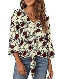VIISHOW Womens Summer Button V Neck Tops Bell Sleeve Chiffon Blouses Casual Loose Tie Knot T-Shirt, Red Rose White, Large