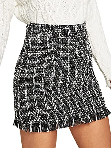 WDIRARA Women s Casual Plaid High Waist Pleated A-Line Mini Skirt Tweed Black M