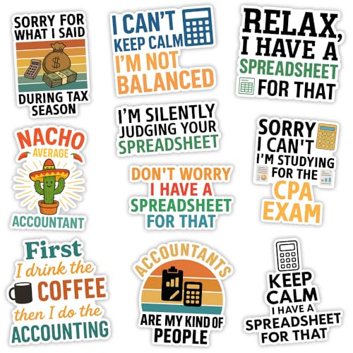 MAIANEY [10Pcs, 3'x3'] Accountant Stickers Accounting Spreadsheet Gift Funny Accounting Waterproof Vinyl Decal, Gifts Gift for CPAS, Bookkeepers, Finance Professionals, Hard Hat Laptop Water Bottle
