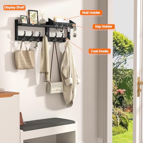 Image of Evermagin 29 inch Coat Rack Wall Mount with Shelf, 4 in 1 Wall Mounted Coat and Key Hanger with 11 Hooks, Entryway Key Holder with Mail Holder for Living Room, Bedroom, Black