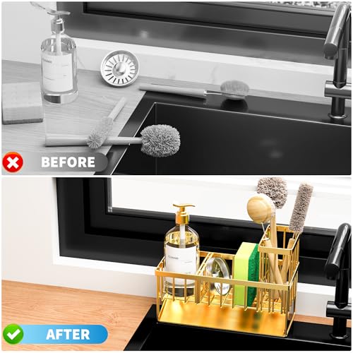 image for Cisily Gold Kitchen Sink Caddy Organzier with High Brush Holder, Spong