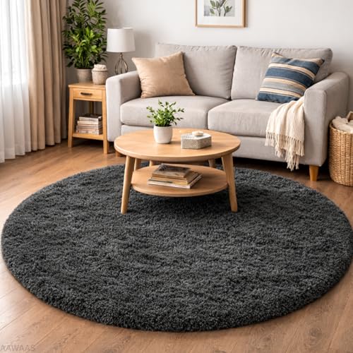 Image of Premium Polyester Shaggy Round Rug - Ultra Soft Fluffy Circle Carpet for Bedroom, Living Room, Kids Room, Anti-Skid Plush Floor Rug - (Dark Grey, 5 feet|150cm)