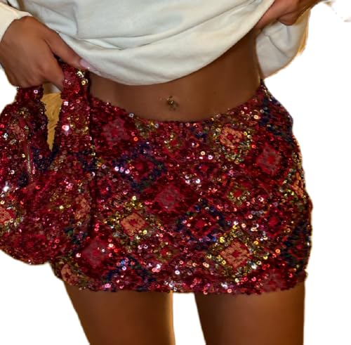 Women Color Block Sequin Sparkly Skirt Mini Micro Glitter Floral Bodycon Pencil Short Skirts Y2K Party Night Clubwear