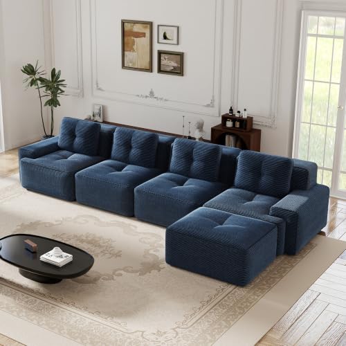 Image of 153 inch L-Shaped 4-Seater Modular Boneless Couch with Ottoman, Soft Corduroy Cloud sectional Sofa, Oversized Deep Seat, No Assembly Anti-Slip Stable Sofa, Blue