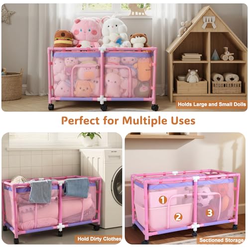 FIOBEE Stuffed Animal Storage Box with See-Through Mesh & 360° Rotating Wheels Toy Chest Organizer for Nursery Playroom Toy Storage Bin, Pink - Thumbnail 6