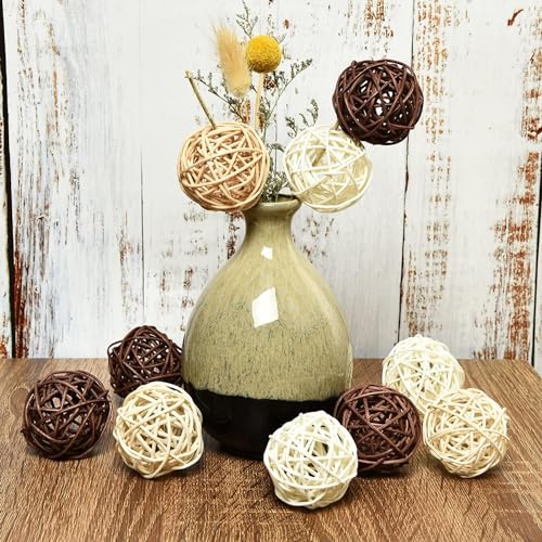 LATRAT 18 Stück Deko Kugeln Rattankugeln Dekokugeln Wicker Rattan Ball, Kugeln Hochzeit Tischdeko Party Hängedeko Aromatherapie Duft Kaninchen Vogel Papagei Kauspielzeug, Schwarz, Weiß, Farbe