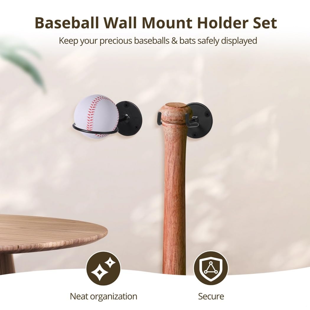 YINETTECH Lot De 2 Supports Muraux Pour Batte De Baseball – Fixation Horizontale En Bois De Frêne Marron – Vis Cachées Antidérapantes