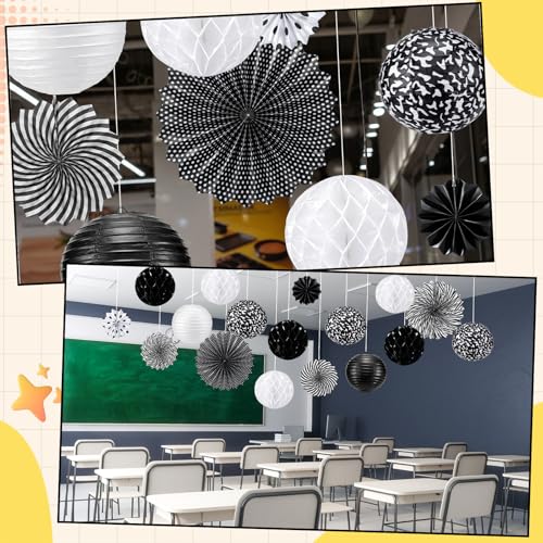 Image of Retisee 18 Pcs Composition Book Classroom Decoration Kits Black and White Composition Book Hanging Paper Lanterns Paper Fans Honeycomb Balls Decor for Back to School Classroom Party Decoration