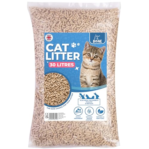 Fur & Bone 1 x 30L Cat Litter - Ultra Absorbent Biodegradable Wooden Pellets Natural Scent Odour Control Soft Bedding for Comfort Made from Virgin Wood - Unscented