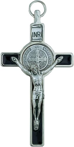 Crucifijo de San Benito con incrustación redonda de medalla de San Benito Cruz esmaltada plateada de 3 pulgadas y negro con cordón y folleto San
