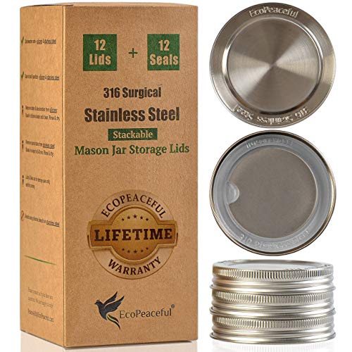 EcoPeaceful 316 Surgical Stainless Steel Mason Jar Lids REGULAR Mouth ORIGINAL DESIGN Stackable w/ Pull-Tab Silicone Seal. Rust-proof Airtight Leak-proof Vegan BPA-Free Reusable Not for Canning