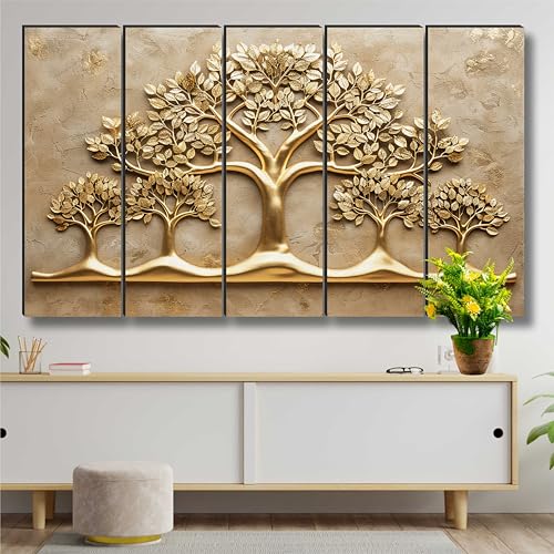 Image of Livin'luxe Golden Tree of Life Wall Art | 5 Panel Textured Wall Art Painting | Luxury Gold Embossed Family Tree Design for Living Room, Hallway, Office, Housewarming Gift (50 x 30 Inch) XL-35439