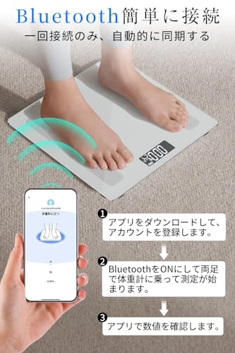 GLAMERGY 体重計 体脂肪計 Bluetooth スマホ連動 ヘルスメーター 対組成計 体脂肪率 高精度 180kgまで対応 ボディスケール 強化ガラス コンパクト 軽量アプリ対応/体脂肪率/体脂肪量など の商品画像 5