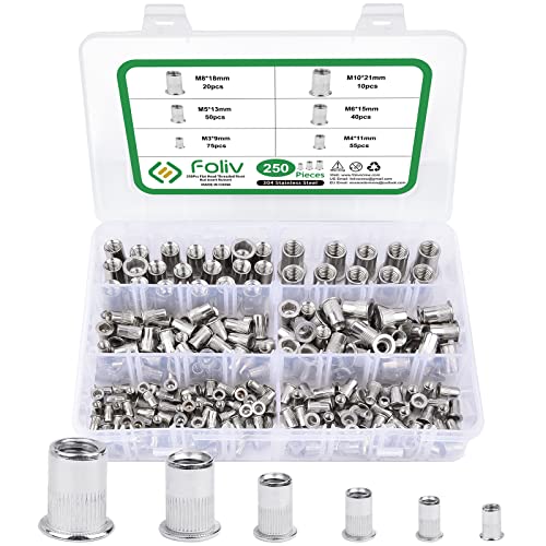 Foliv 250 Stück Nietmuttern Sortiment Set M3 M4 M5 M6 M8 M10 Nietmuttern Sortiment Nietmutter A2-70 Edelstahl Zugnietmutter Rivet nuts Muttern mit Aufbewahrungsbox