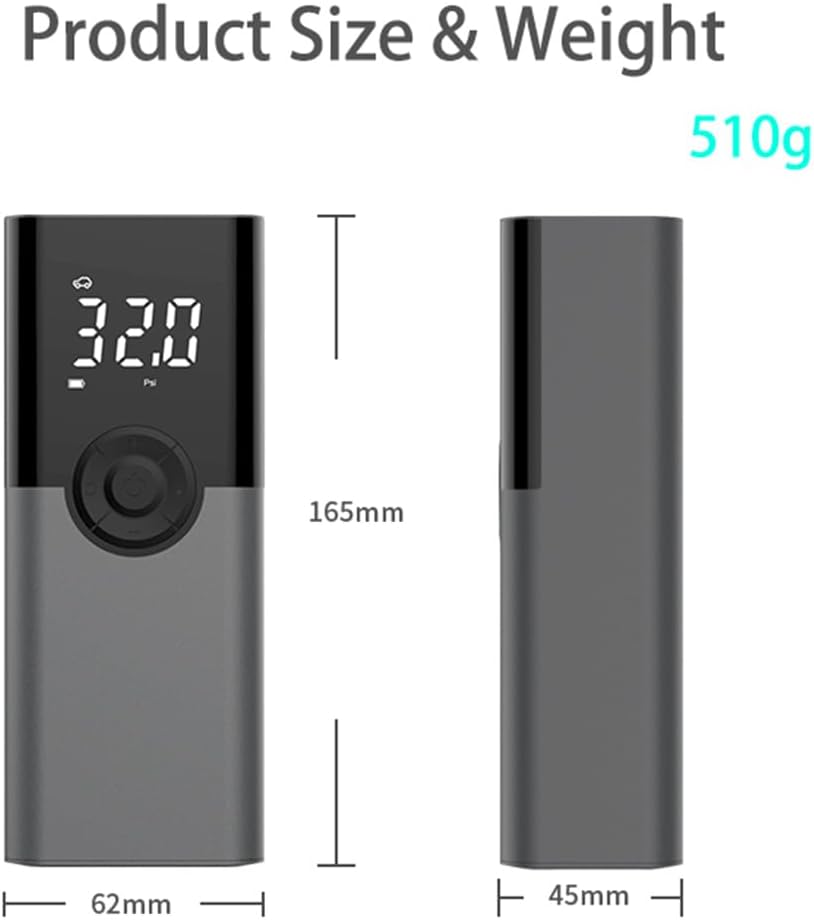 Diagram showing the dimensions and weight of the Cordless Portable Air Pump.