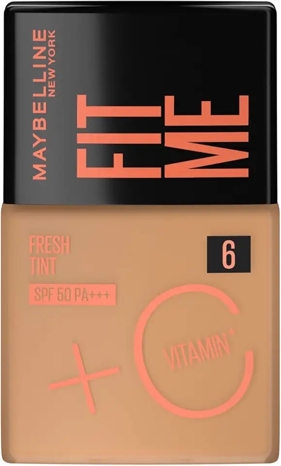 Maybelline NY Fit Me Fresh Tint Base Líquida, Proporciona Efeito Glow Natural, Controla a Oleosidade e Uniformiza a Pele com Vitamina C e FPS 50, Cor 06, 30ml