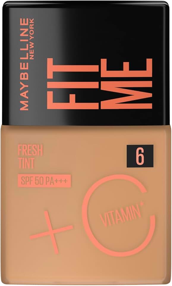 Maybelline NY Fit Me Fresh Tint Base Líquida, Proporciona Efeito Glow Natural, Controla a Oleosidade e Uniformiza a Pele com Vitamina C e FPS 50, Cor 06, 30ml