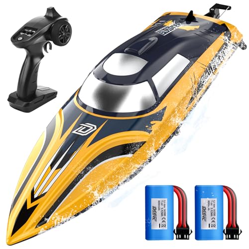 DEERC 14' Fast RC Boat with LED Lights, 30+ Mins, 20+MPH, Self-righting Remote Control Speed Boat for Pool & Lake, Claw-Streak Paint, Summer Water Toy Gift for Adults & Kids (Yellow)