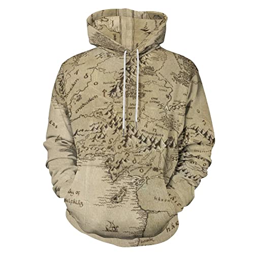 Bagea-Ka Middle Earth Map Gray Pattern Unisex Hoodie Sweatshirt Pullover with Pockets 3D Print for Men Women XL