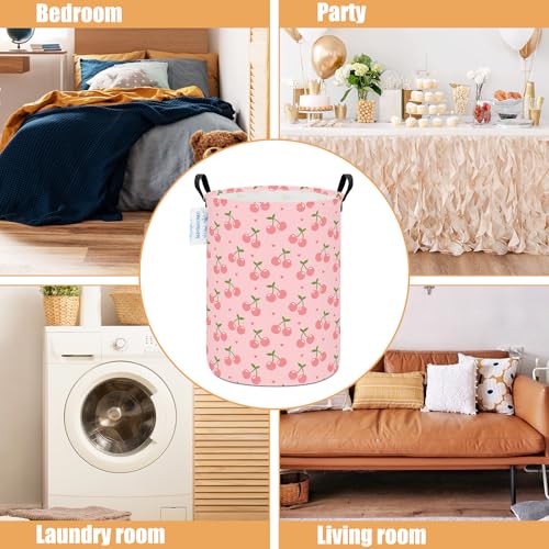 Image of Round Laundry Basket Collapsible Storage Hamper Organizer Pink Cherry | Waterproof Canvas Foldable Baskets with sturdy Handles Multi-scene Organizer for Home Play Bedroom Gift Bin