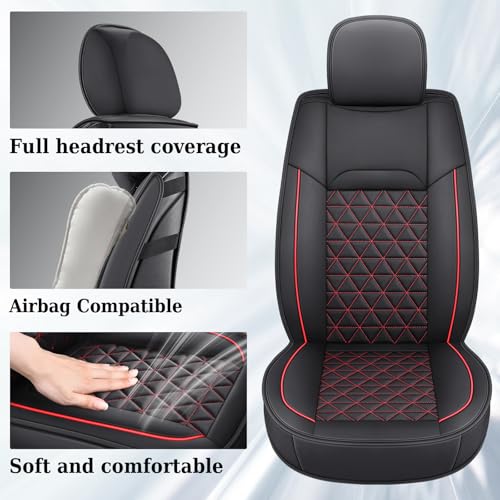 Image of Coverado Leather Car Seat Covers, Waterproof Dooge Ram 1500 Seat Covers Compatible with 2002-2026 Dodge Ram 1500 2500 3500 with Flat Bench (Full Set, Black&Red line)