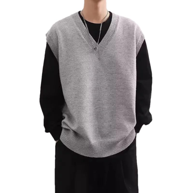 Men Knitted Sweater Vest Solid Color Sleeveless V-Neck Pullovers Casual Loose Korean Style Waistcoat