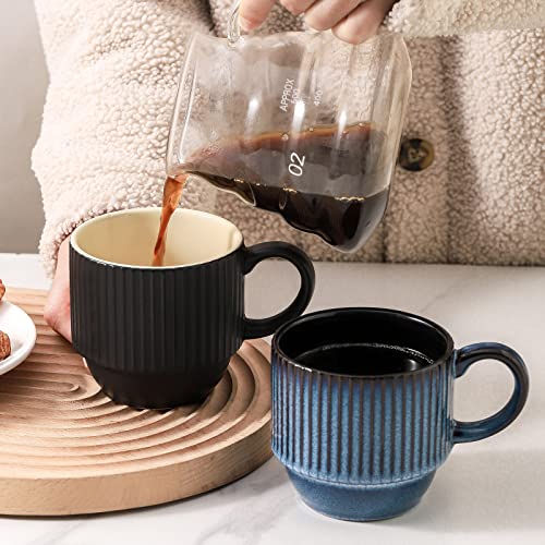 Hasense Black Coffee Mug Porcelain Set Of 4 With Rack - 12 Oz Stackable Coffee Cups Ceramic, Modern Ribbed Latte Cup Sets For Cappuccino, Tea, Espresso, Hot Cocoa, Drinks - Dishwasher & Microwave Safe #TOP5