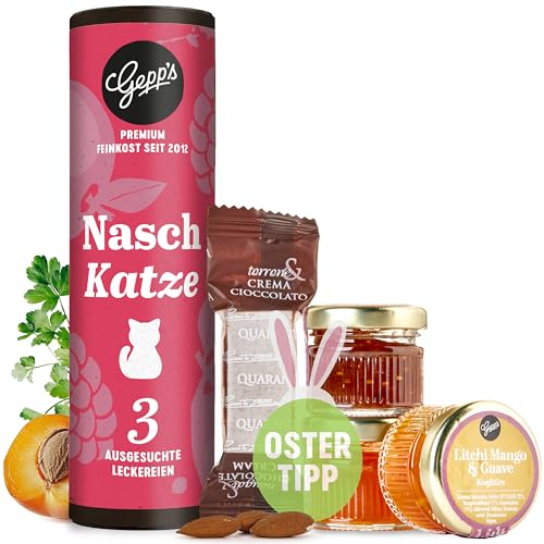 Gepp’s Feinkost Geschenkset “Naschkatze” I 3 Mini-Marmeladengläser als Probierset in den Geschmacksrichtungen Litschi-Guave-Mango, Aprikose-Yuzu & Feige I...