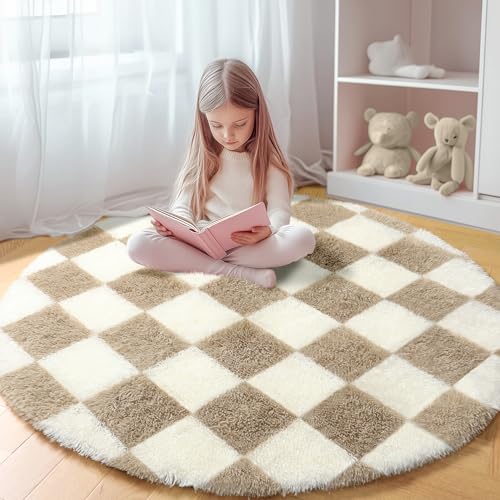 Image of KICMOR Round Rugs 6ft Beige and Cream White Circle Area Rug, Fluffy Soft Fuzzy Shag Shaggy Bedroom Living Room Carpet, Indoor Checkered Circular Rug for Kids Boys Girls Home Decor Aesthetic, Nursery