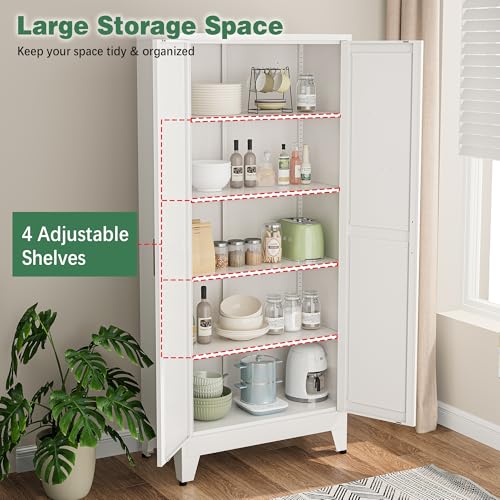 Image of Bevivog 71 inch Kitchen Pantry Cabinet, Metal Storage Cabinet with 2 Doors and 4 Adjustable Shelves, Farmhouse Tall Food Cabinet Pantry Shelves Storage for Kitchen, Home Office, Living Room, Laundry