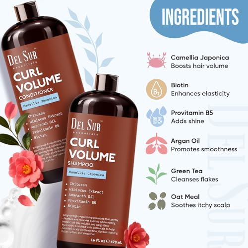 Image of DEL SUR Curly Hair Shampoo and Conditioner Set | Curl Defining, Volume & Hydration | 16 fl oz Each | with Camellia Japonica, Hibiscus & Amaranth Oil | For Curly, Wavy & Coily Hair | Women & Men