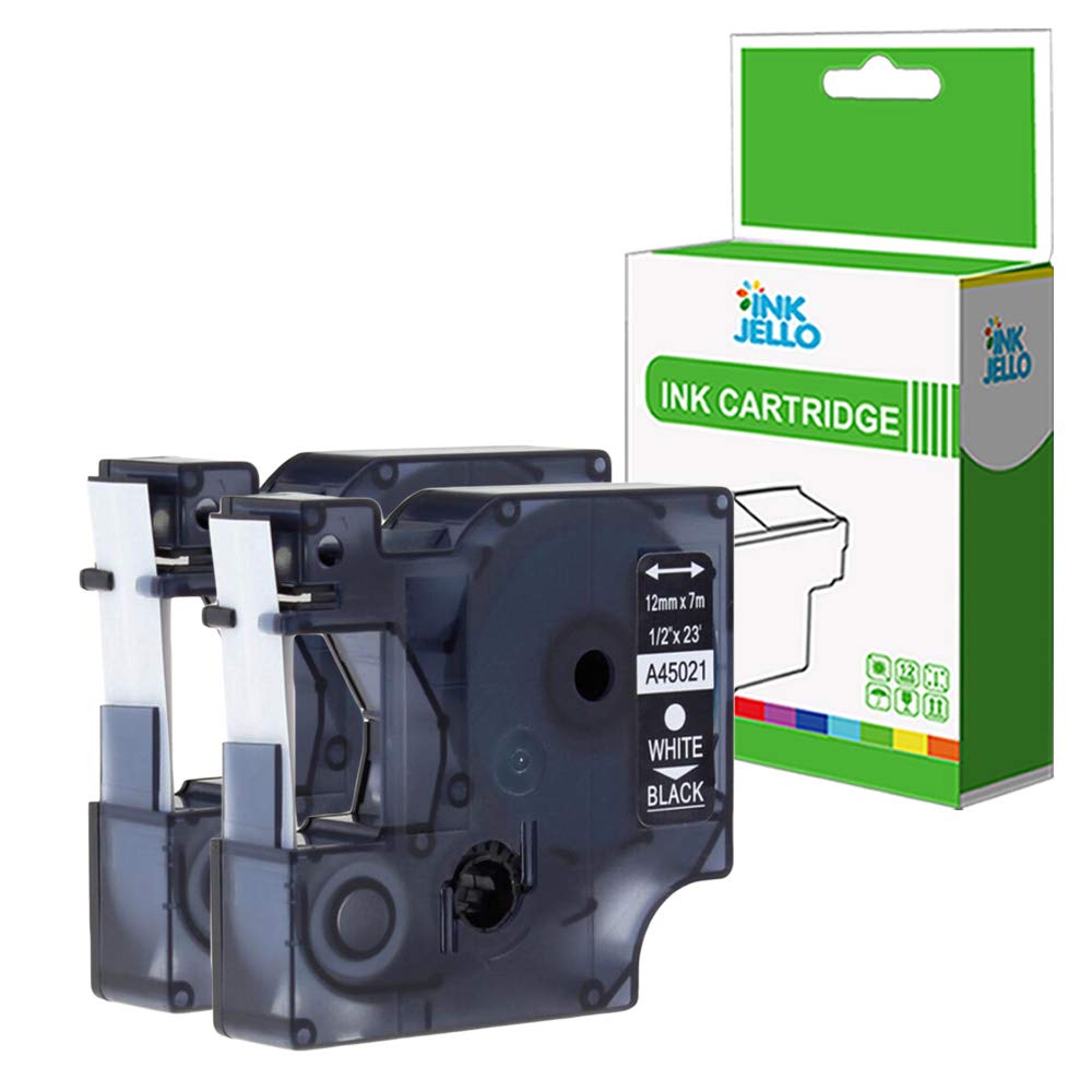 InkJello Compatible Label Tape Replacement for Dymo LabelManager 100 120P 150 160 200 210D 220P 260P 280 300 350 350D 360D 400 420P 450 450D 45021 1/2" (12mm) (White on Black 2-Pack)
