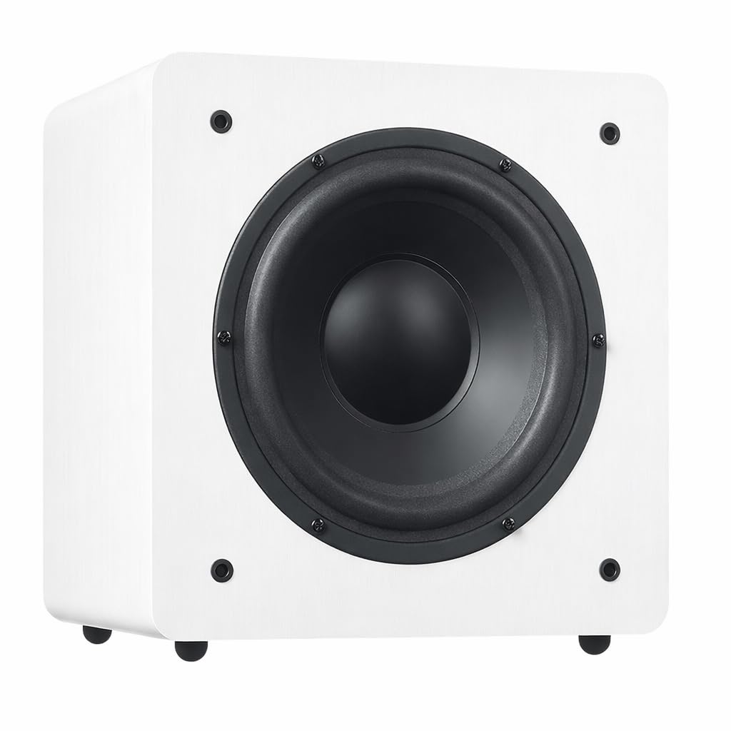 DYNAVOICE Challenger Sub-8 Blanco Mate – Subwoofer Activo 8” 90W RMS (125W Máx.), Recinto Cerrado, Control de Frecuencia | Rejilla Gris Claro y Aislantes de Silicona | Home Cinema y HiFi