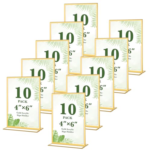 Alffun 10 Pack Gold Acrylic Sign Holders 4x6 Inch, Double Sided Vertical Stand Clear Picture Frames...