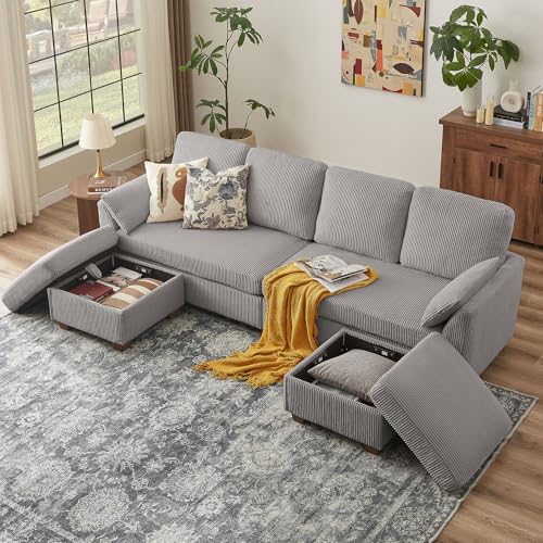 Image of Sectional Sofa with Dual Storage Ottomans, 4 Seat U Shaped Couches for Living Room: Soft Corduroy | Double Movable Chaise Ottoman | Modern Reversible Convertible Couch Set, Light Grey
