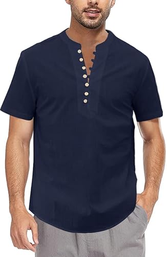 Romancan Herren Baumwolle Leinenhemd Henley Kurzarm Atmungsaktiv Einfarbig Sommer Freizeit T-Shirt Cover