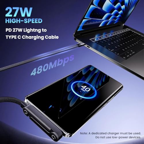 Image of Verilux PD 27W Type C to Lighting Fast Charging Cable with Stand, 6.6Ft Nylon C Type Charger Cable with 480MBPS Data Transfer, Lighting Right Angle for iPhone 14 /14 Pro /14 Pro Max /13 /12 /11 /XR /XS /X